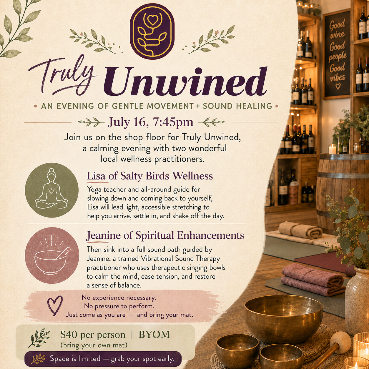 Truly Unwined: Sound Bath & Gentle Movement - Wed, July 16 | 7:45pm