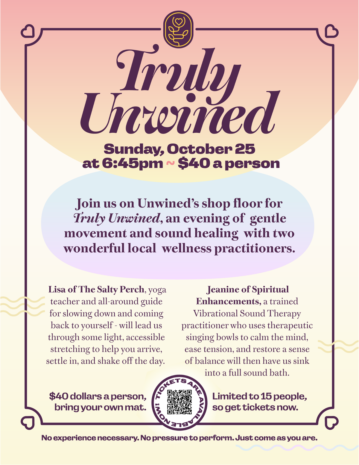 Truly Unwined, Sunday, 10/25/26 | 6:45pm: Sound Bath & Restoring Movement